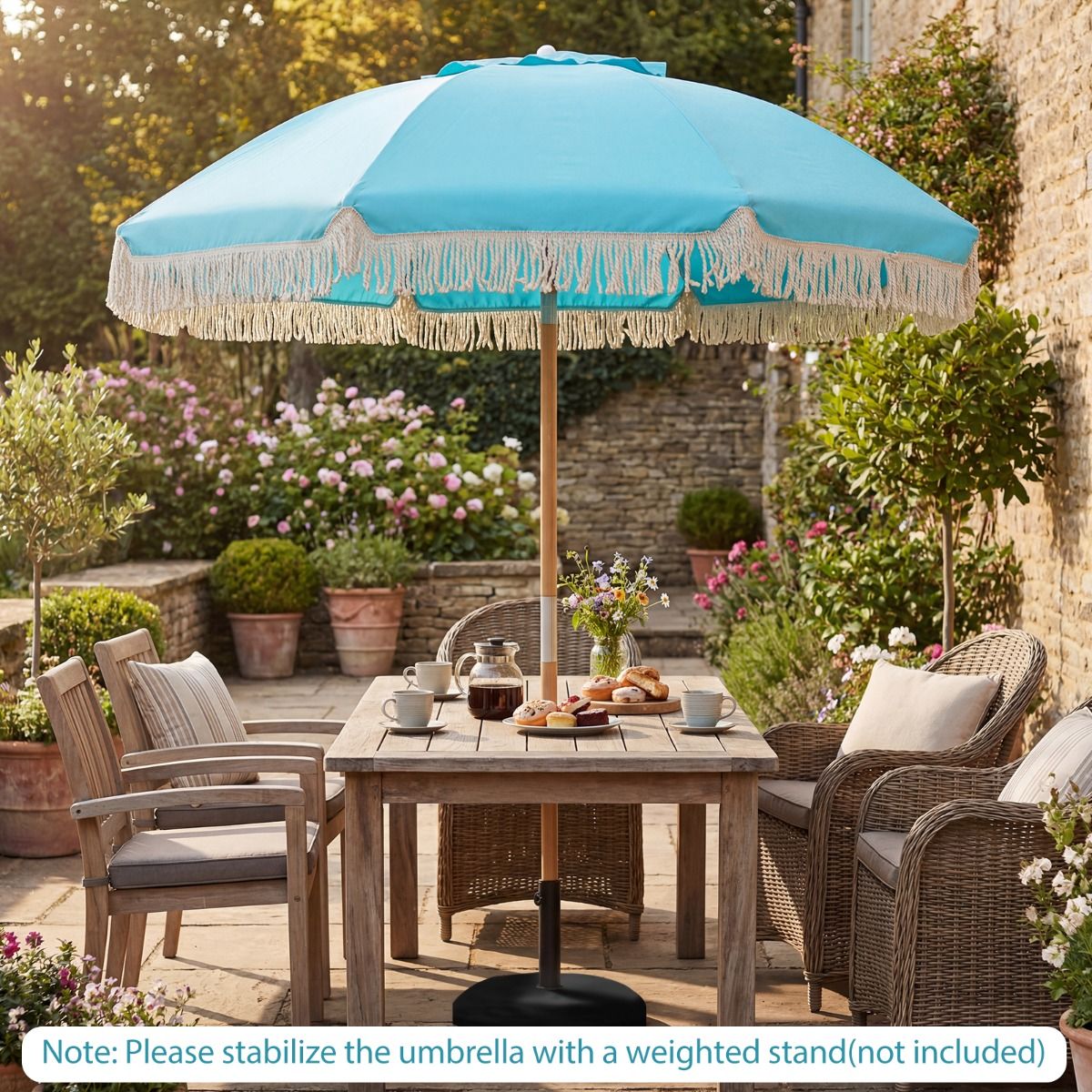 Parasol de jardin Coast à franges - parasol de plage en bois - inclinaison réglable - bleu