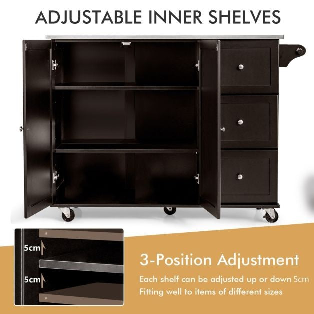 Coast Kitchen trolley chariot de service - acier inoxydable - îlot de cuisine avec 3 tiroirs - 135 x 45,5 x 91,5 cm - Brun/Blanc/Noir