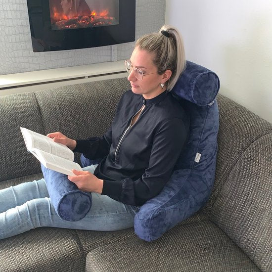 Q-Living Coussin de lecture XXL avec rouleau supplémentaire pour la nuque - Coussin de relaxation - Coussin de siège - Soutien du bas du dos - Coussin de lecture pour le lit - Bleu