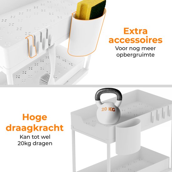 Posity Rangement pour évier - Rangement pour armoire de cuisine - Tiroir coulissant - Rangement pour armoire - Rangement pour salle de bain - Rangement pour comptoir - 2 tiroirs coulissants - Blanc