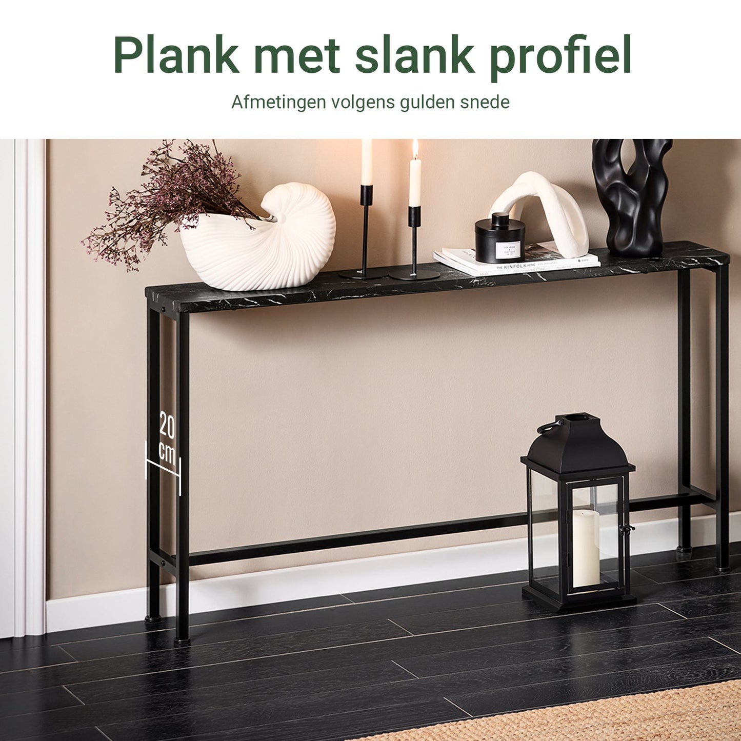 Table d'appoint Sobuy Consoletafel FSB19 SCH – 120 cm de longueur, avec plateau aspect marbre, structure métallique noire et patins de protection – Pour l'entrée et le salon – Bois et métal – 120 x 20 x 65 cm