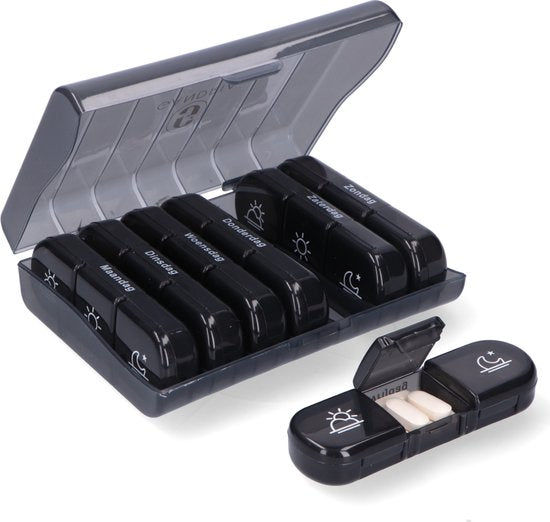 Boîte à pilules Gandria 7 jours - Boîte à pilules amovible - Boîte à médicaments avec 21 compartiments - Boîte à médicaments avec fermeture solide - 3 compartiments par jour - Noir