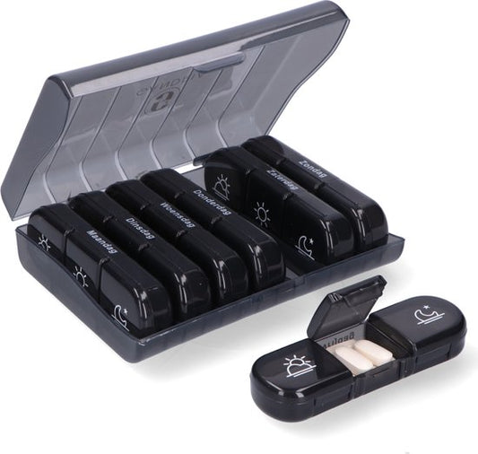 Boîte à pilules Gandria 7 jours - Boîte à pilules amovible - Boîte à médicaments avec 21 compartiments - Boîte à médicaments avec fermeture solide - 3 compartiments par jour - Noir