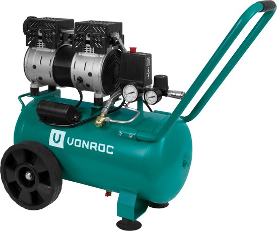VONROC PRO Compresseur silencieux - Sans huile - 750W - 1HP - 128 l/min - 24 Liter - 8 Bar - 57,5dB(A) - Silencieux - Faible niveau sonore - Vert