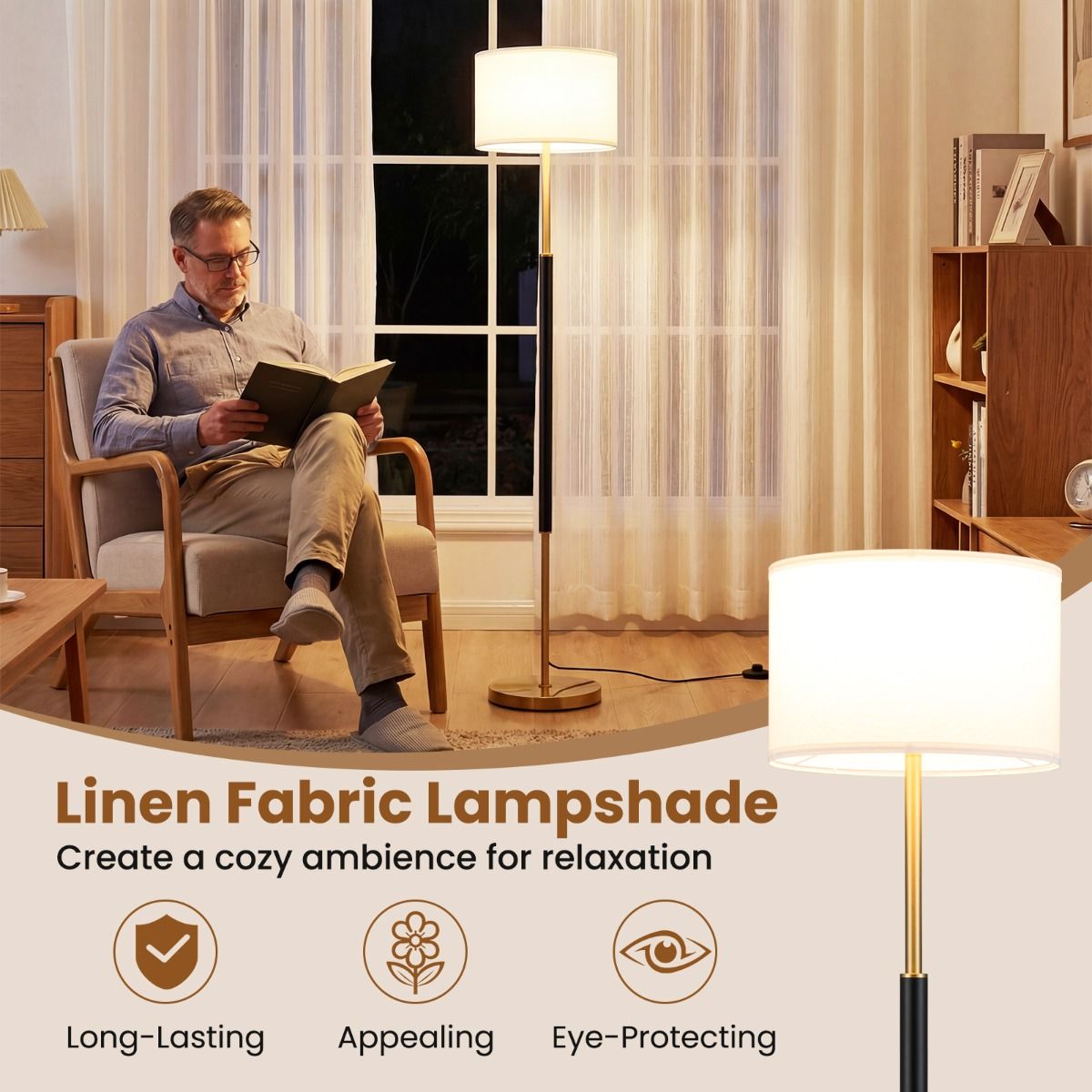 Lampe sur pied Coast - abat-jour en lin - interrupteur au pied - noir - 165 cm