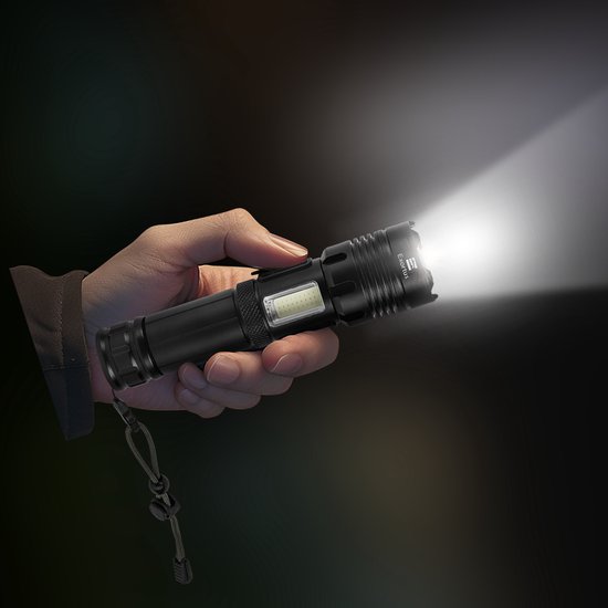 Lampe de poche LED rechargeable Exortus® - 5 000 lumens - Résistante et étanche - Batterie 26650 - Éclairage COB - Boîte de rangement - Étui