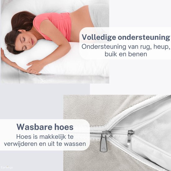 Earkings Pregnancy Sleep Pillow 140x80cm U-shape with Removable Cover - Body Pillow light grey