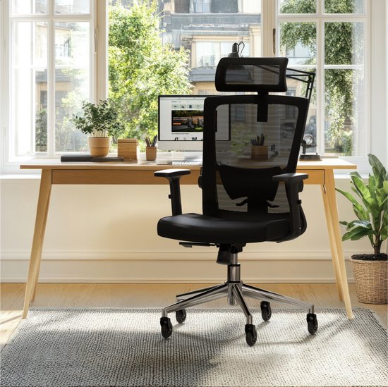 LifeGoods Chaise de bureau ergonomique - avec roulettes anti-rayures supplémentaires - Chaise de bureau - certifiée NEN et SGS - Adultes - Appui-tête - Noir/Chrome