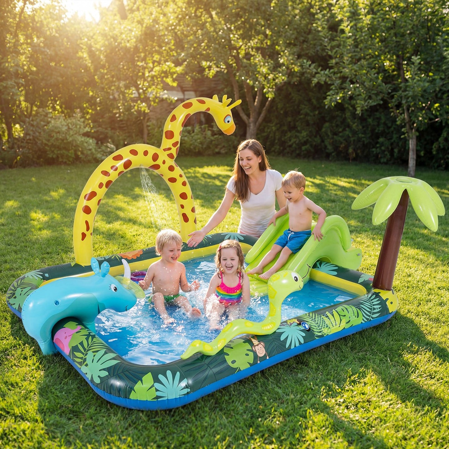 Piscine gonflable Coast « Animaux de la jungle » avec toboggan et arroseur - Jeu de lancer d'anneaux et centre de jeux aquatiques pour enfants - 208 x 178 x 138 cm - Multicolore