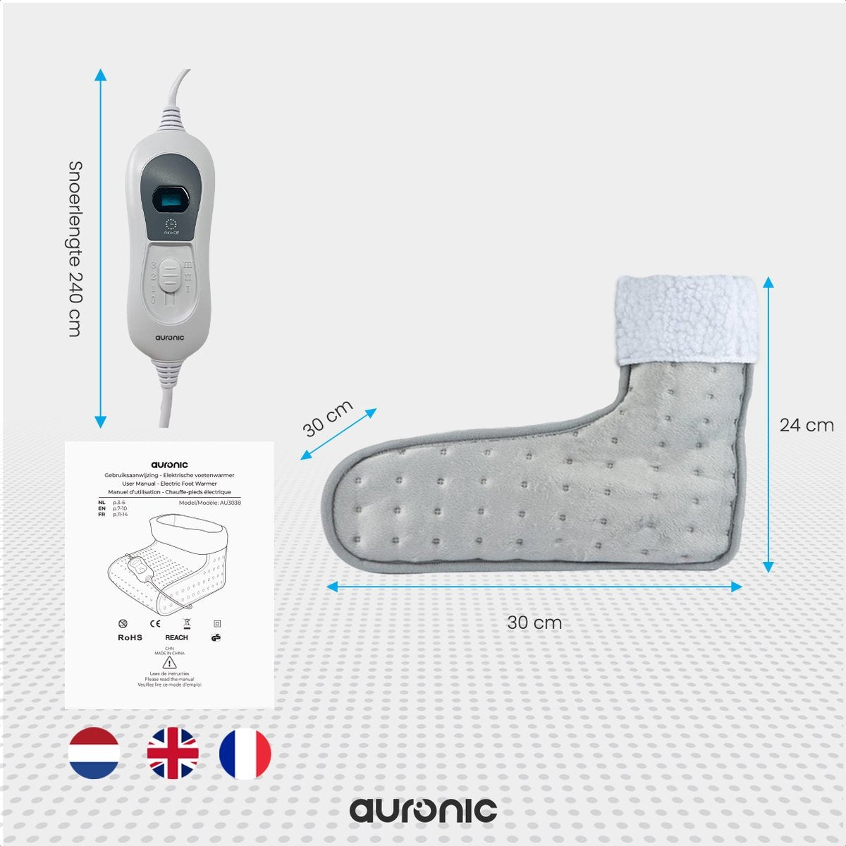 Chauffe-pieds électrique - Auronic - 53°C à 65°C - Avec minuterie et protection contre la surchauffe - 100W - Gris