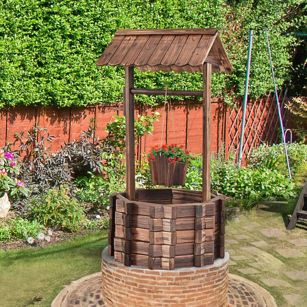 Fontaine de jardin Coast avec puits en bois, seau et pot de fleurs avec toit - Design rustique - 43 x 39 x 72 cm - Marron
