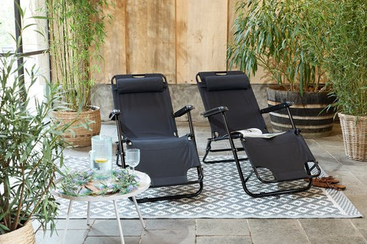 Chaise longue d'extérieur - Pliable - Lot de 2 - Réglable - Polyester & Métal - Noir