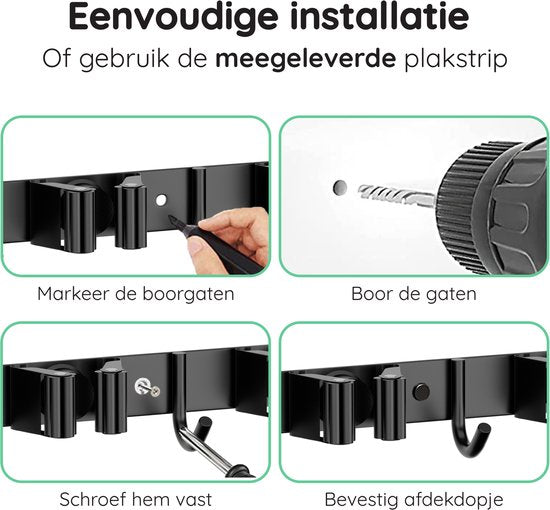 Porte-balais Volcan - Système de suspension pour balais et outils de jardin - 9 supports, 10 crochets - Ruban adhésif 3M - Porte-outils - Acier inoxydable noir