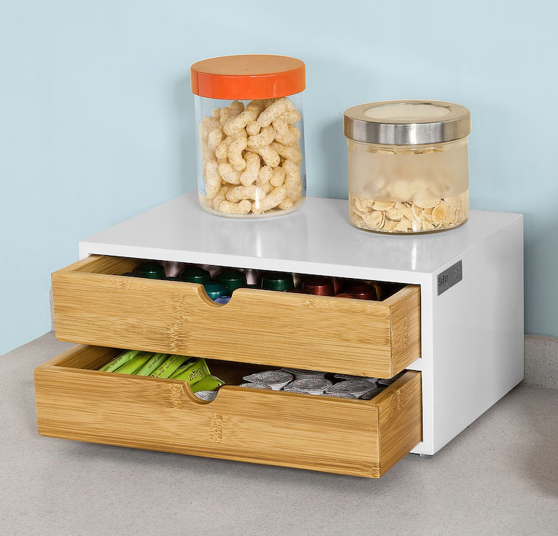 SoBuy Tiroir de rangement à 2 étages pour capsules de café - Organisateur de sachets de café et de thé - 30 x 20 x 14 cm - Blanc
