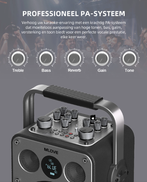 Machine à karaoké MLOVE D5 - 200 W - 2 microphones sans fil - Bluetooth - Noir