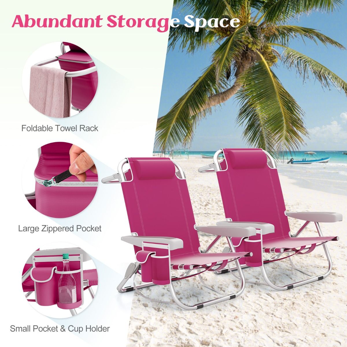 Coast Beach Chair Chaise longue pliable à dossier réglable en 5 positions avec porte-gobelet et compartiments de rangement Rose 66x65x78 cm - 2 pièces