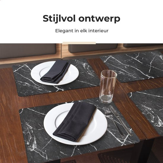Sets de table Castagnola aspect cuir - Sets de table antidérapants en cuir artificiel - Dessous de verre hydrofuge - Dessous de verre - 6 pièces - 45 x 30 cm - Noir/Blanc - Motif marbré