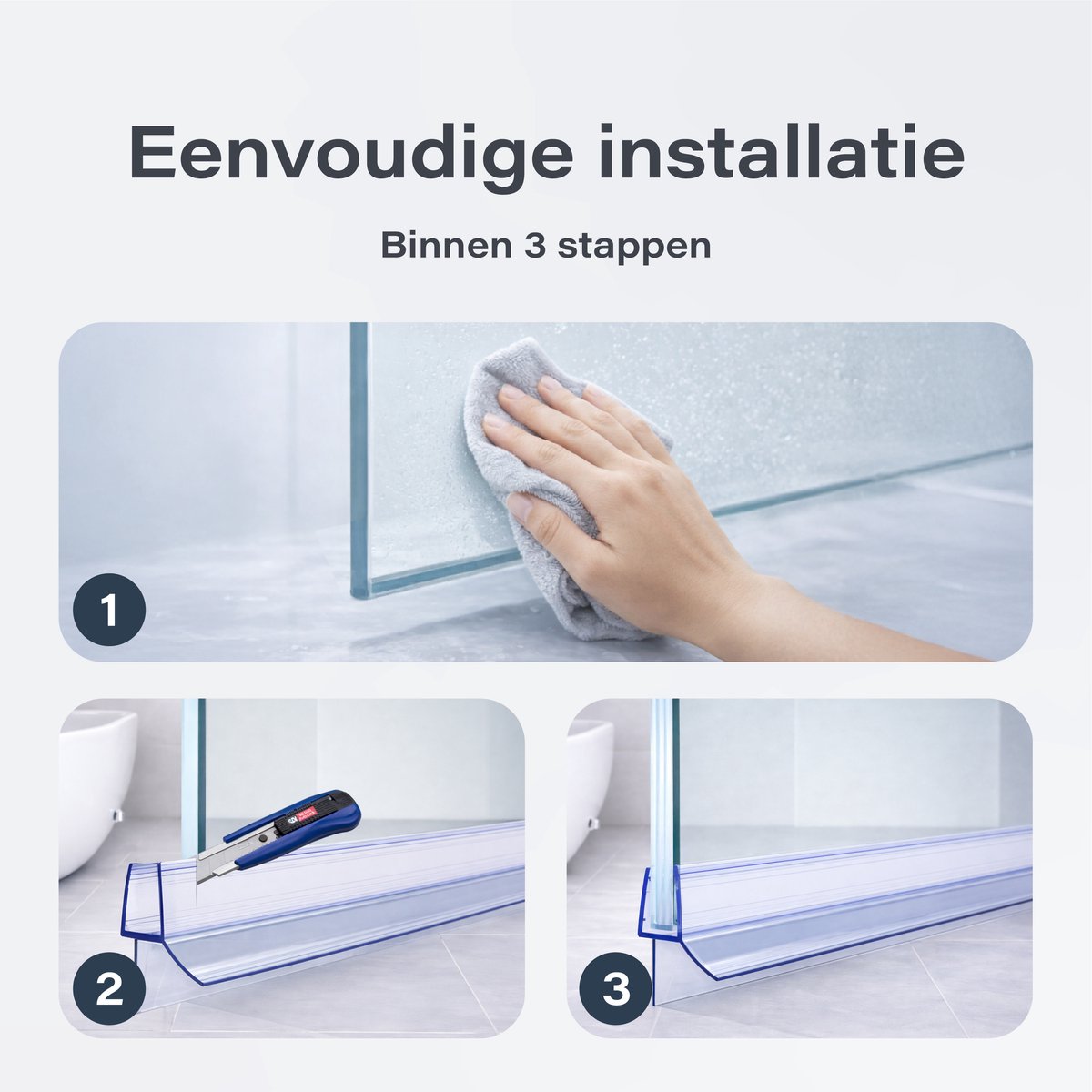 Bandes de douche Luft pour le bas - Lot de 2 - Transparentes - 100 cm par bande - Pour une épaisseur de verre de 8 à 12 mm - À découper sur mesure
