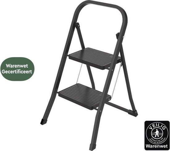 BRASQ Escabeau ménager 2 marches noir - échelle de cuisine pliable en métal pour usage privé et professionnel - Escabeau - Antidérapant
