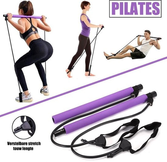 Bâton de Pilates - Barre de Pilates - Bande de résistance - Bande élastique de fitness - Entraînement de force - Fitness - Pilates - Intérieur - Extérieur - Entraînement de tout le corps - Mauve - Longueur de corde élastique réglable