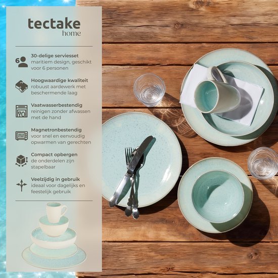 tectake® Service de table Mare - 30 pièces - Grès à émail brillant - Pour 6 personnes - Service de table fait main - Service de table moderne comprenant des grandes et petites assiettes, des bols, des coupelles et des tasses - Lavable au lave-vaisselle et