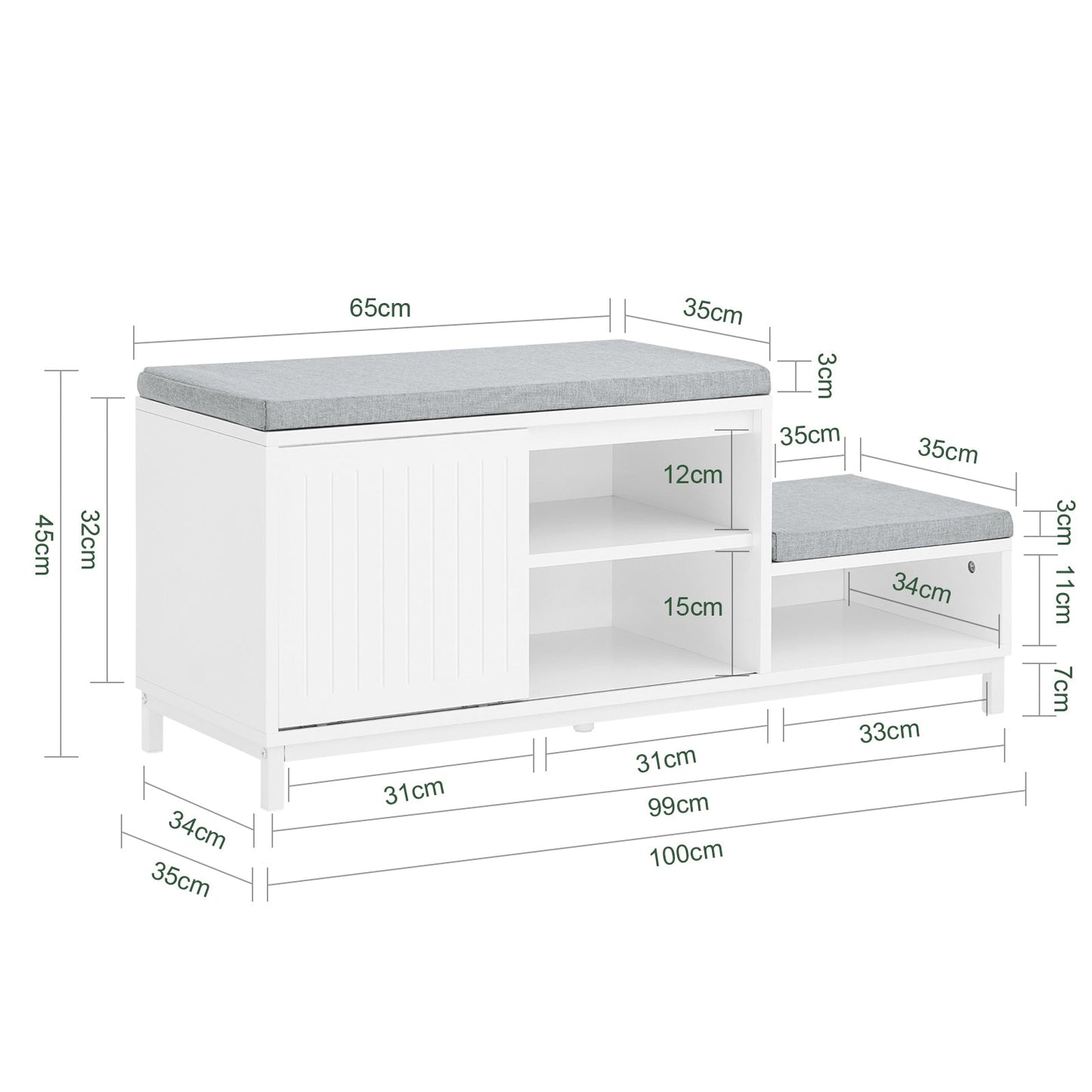 SoBuy Banc de rangement avec meuble à chaussures - Blanc - 100x35x45 cm - Modèle FSR166-W - Avec 2 coussins rembourrés, porte coulissante et 3 compartiments de rangement