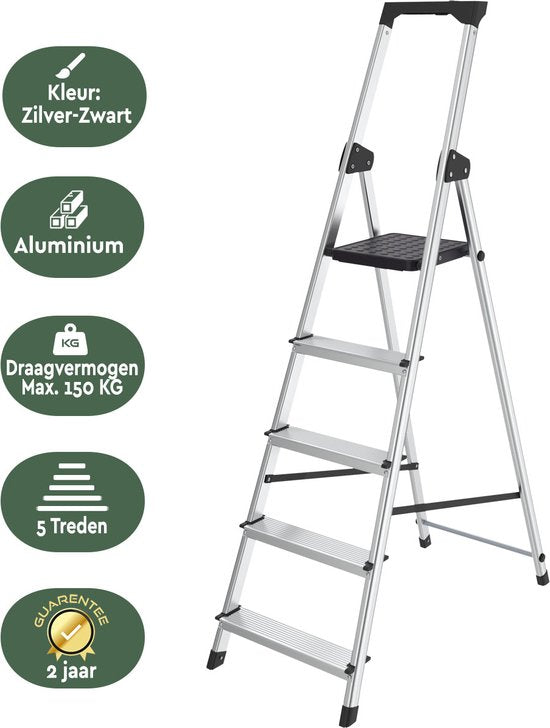 BRASQ Household Ladder 5-Step Silver - Échelle de cuisine pliable en aluminium pour usage privé et professionnel - Échelle - Antidérapante
