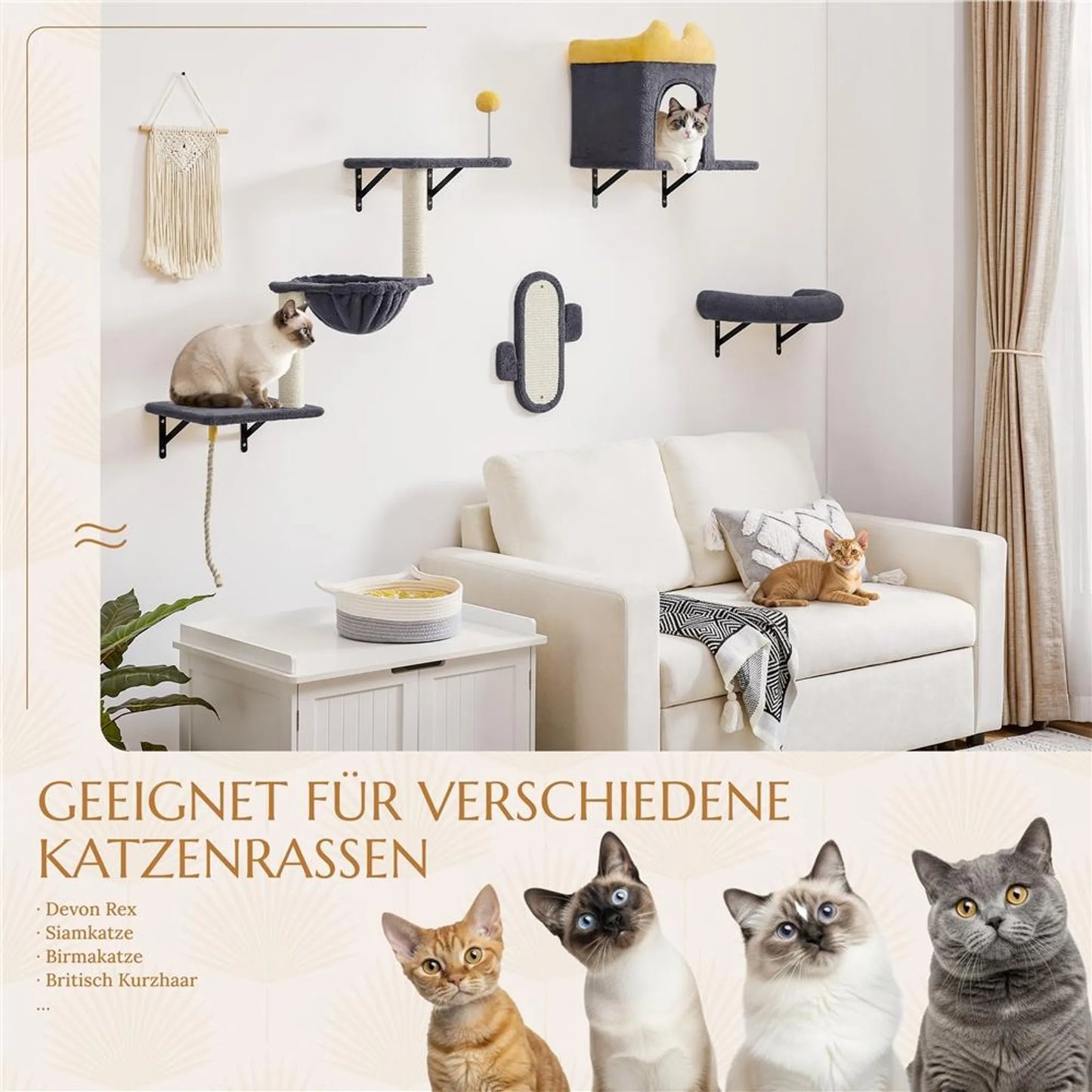 Yaheetech Meuble mural pour chat - 49 x 30 x 40 cm - équipé d'un terrier et d'un panier de couchage pour chat, de griffoirs en sisal et de plates-formes multiples - pour 1 à 5 chats - peluche et métal gris foncé