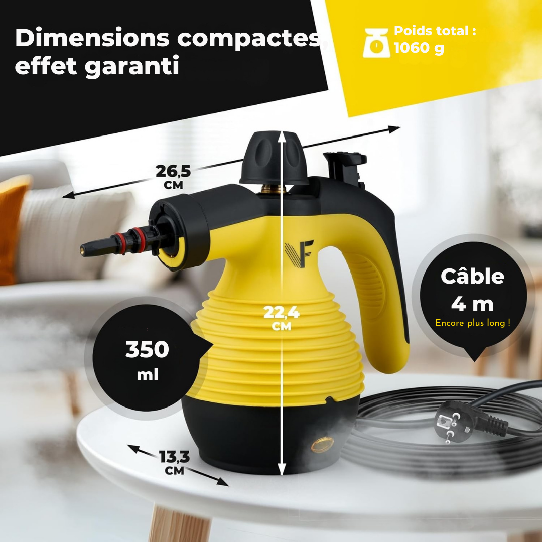 Nettoyeur vapeur à main – Réglage de la vapeur – Comprend 10 accessoires – Réservoir de 350 ml – Jaune
