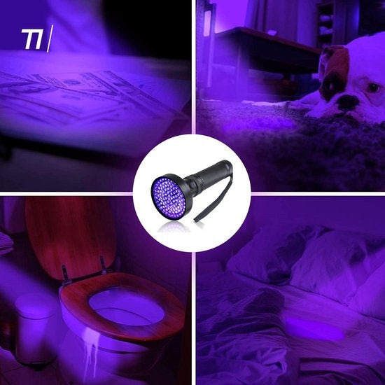 TIKKENS Lampe UV XXL - Lampe de poche UV - 100 LEDs Ultraviolet - Lampe de poche à lumière noire - Détecteur d'urine, de fausse monnaie, d'autres taches - 395nm