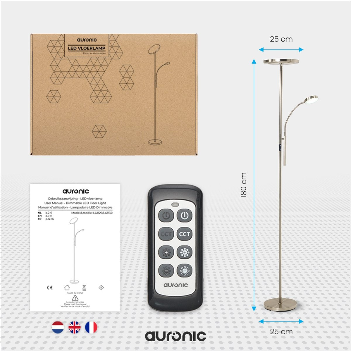 Auronic Floor Lamp - Lampadaire industriel - 181cm - LED - Dimmable et inclinable - avec télécommande - Adapté au salon - Silver