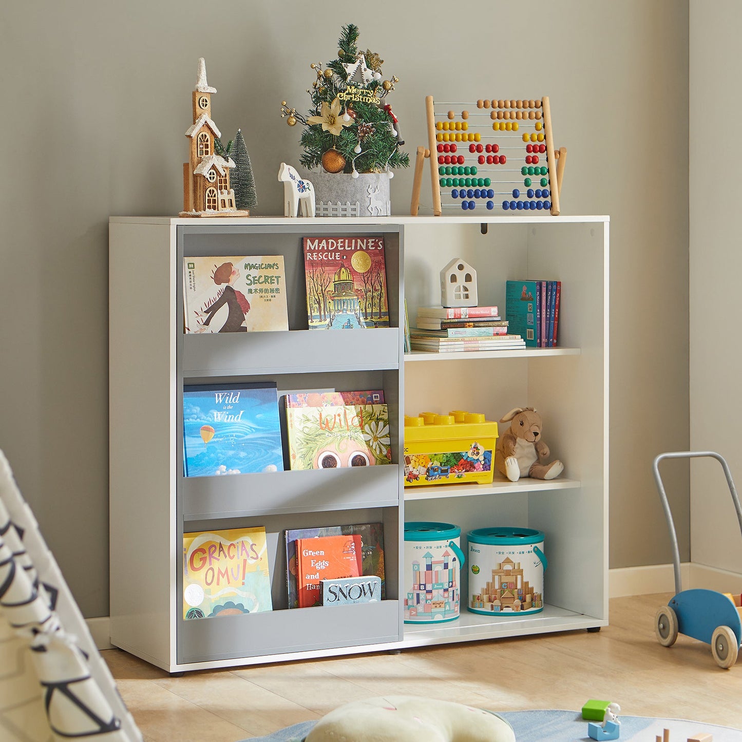 SoBuy Bibliothèque pour enfants - Max. 95 kg - 119 x 39 x 116 cm - Blanc / Gris