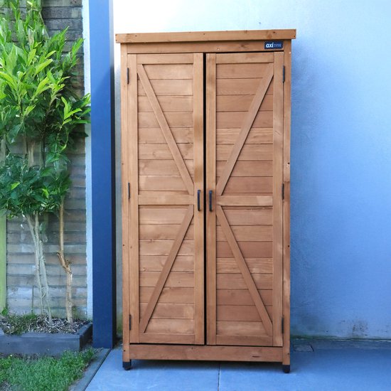 Armoire de rangement en bois AXI Hugo, couleur café - Armoire de jardin avec toit galvanisé - 3 étagères et un fond - Bois certifié FSC - Fermeture magnétique - 85 x 52 x 174 cm