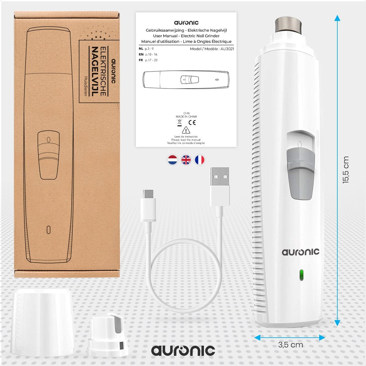 Auronic lime à ongles électrique - pour animaux - rechargeable - sans fil - tête de lime en diamant - chiens/chats - blanc