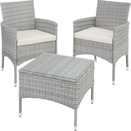 tectake® - set de jardin en osier avec housses amovibles, 2 chaises et table avec plateau en verre, 2x chaises longues d'extérieur avec accoudoirs et table de jardin, set de jardin, meubles de balcon - gris clair - poly-rattan