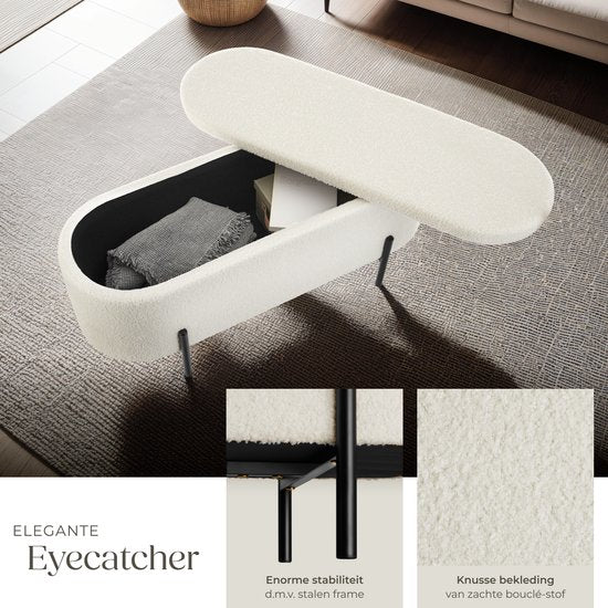 tectake® Banc avec rangement - Boîte de rangement rembourrée - Boîte d'assise avec rangement, rembourrée - Tissu Bouclé style scandinave - 97x36x42cm - blanc crème