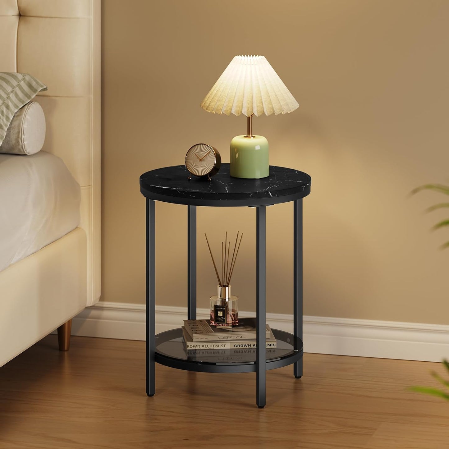 Table d'appoint ronde Vasagle à 2 niveaux - Plateau en marbre noir - Piètement en acier noir d'encre - Verre trempé - Ø 45 x 55 cm