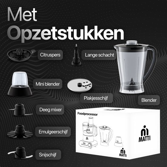MATTI® 5-in-1 - Robot ménager - 1500 watts - Robot ménager - Robot ménager multifonctions | Blender - Hachoir - Presse-agrumes - Broyeur de glace