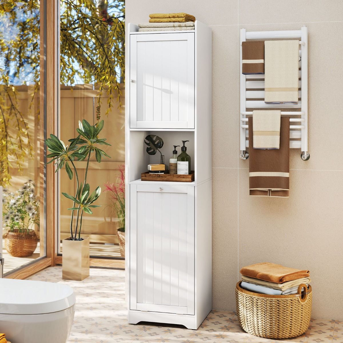 Armoire de salle de bains Coast avec panier à linge - armoire de rangement haute et étroite - étagère réglable - blanche 170 cm