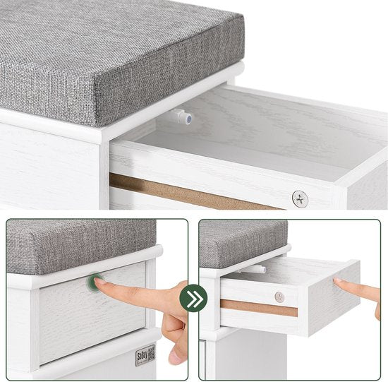 SoBuy FSR82-L-WG Meuble à chaussures banc d'entrée - banc à chaussures avec siège de toilette et coussin de rangement pour chaussures pour hall d'entrée, salon 75 x 24 x 51 cm, capacité 180 kg, blanc effet bois antique