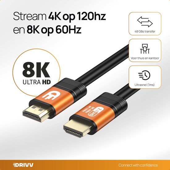 Câble HDMI Drivv. Premium 2.1 - Ultra HD - 8K 60 Hz - 4K 120 Hz - Compatible avec les consoles de jeux - 10 mètres - Orange