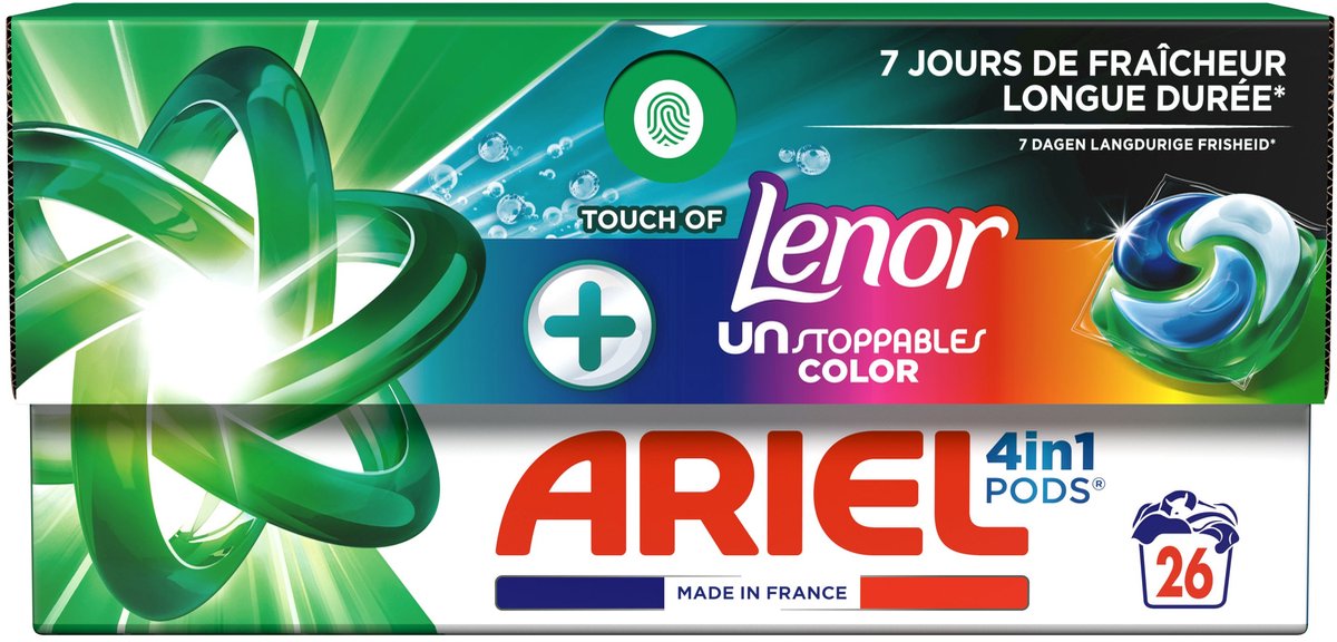 Capsules de lessive Ariel 4 en 1 + Touch Of Lenor Unstoppables Color - 4 x 26 lavages