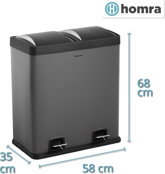 Homra NEVIQ Poubelle à tri sélectif AVEC 2 compartiments - Capacité 2 x 30 L - Poubelle à pédale duo - Gris
