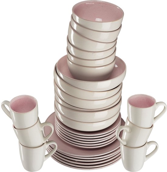 tectake® Service de table Mare - 30 pièces - Grès à émail brillant - Pour 6 personnes - Service de table fait main - Service de table moderne comprenant des grandes et petites assiettes, des bols, des coupelles et des tasses - Lavable au lave-vaisselle et