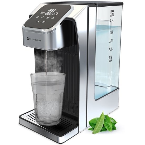 Distributeur d’eau chaude instantanée - KitchenBrothers - 2,7 L - Écran tactile LED - Température réglable 40 à 100°C - Acier inoxydable/Noir
