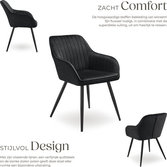 tectake®- Chaise en velours avec motif surpiqué - Chaise de salle à manger moderne - Chaise baquet - Chaise de salon, de salle à manger, de salle de séjour ou de coiffeuse - Couleurs div. - Noir/noir
