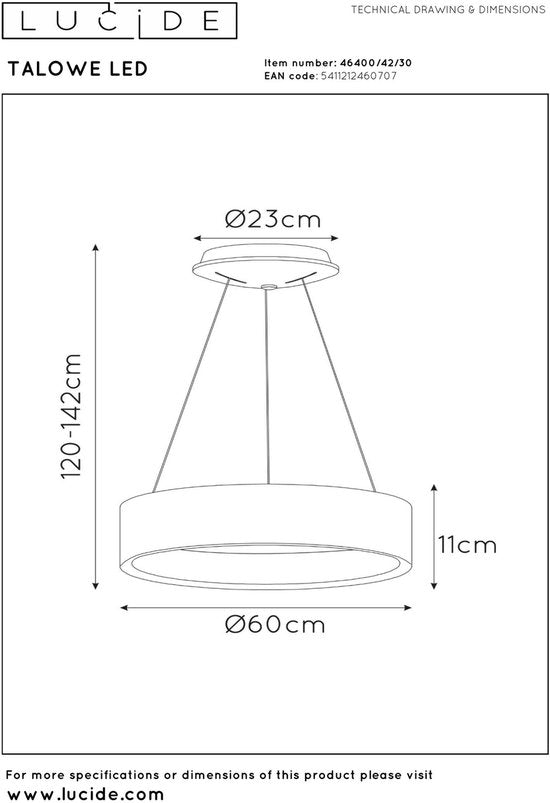Lampe suspendue Lucide - Ø 60 cm - LED intensité variable - 1x39W 3000K - Noir