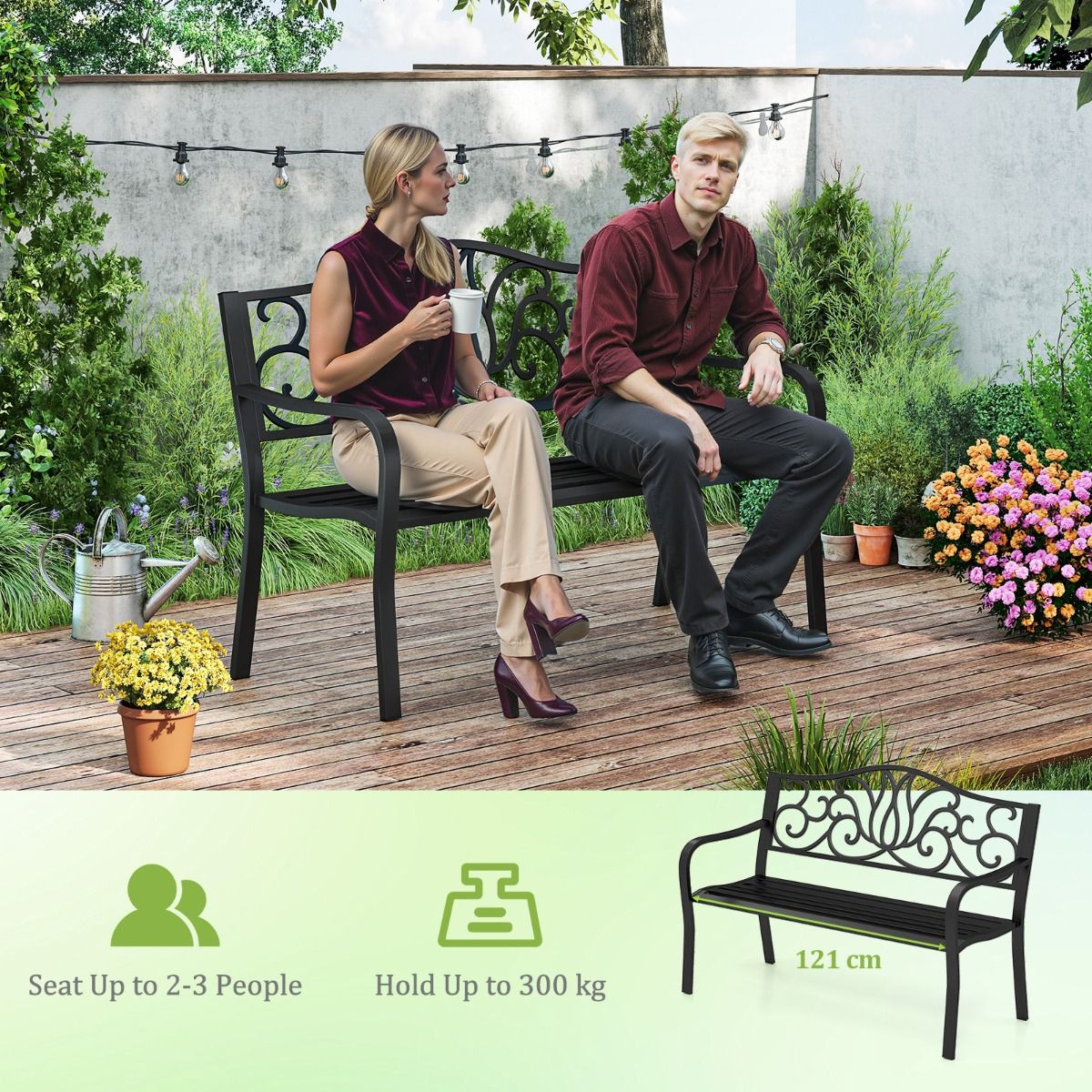 coast Garden Bench Black - dossier en fonte avec motif floral - 127 x 61 x 89 cm - Banc de terrasse 2-3 personnes avec accoudoirs