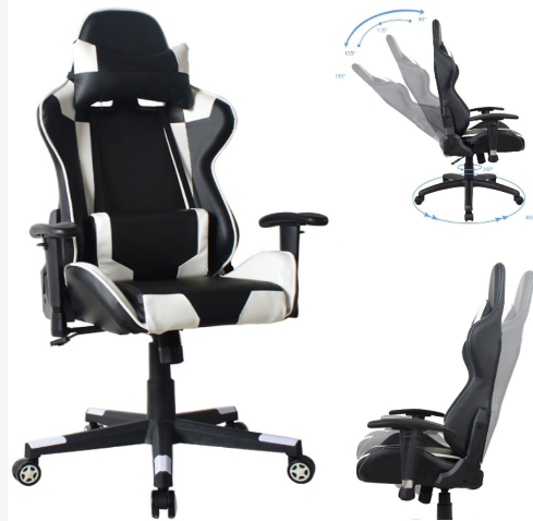 Fauteuil gaming VDD HUKY1010_WITZWART - Dossier réglable à 180° - Rotation à 360° - 120-130 cm - Noir/Blanc
