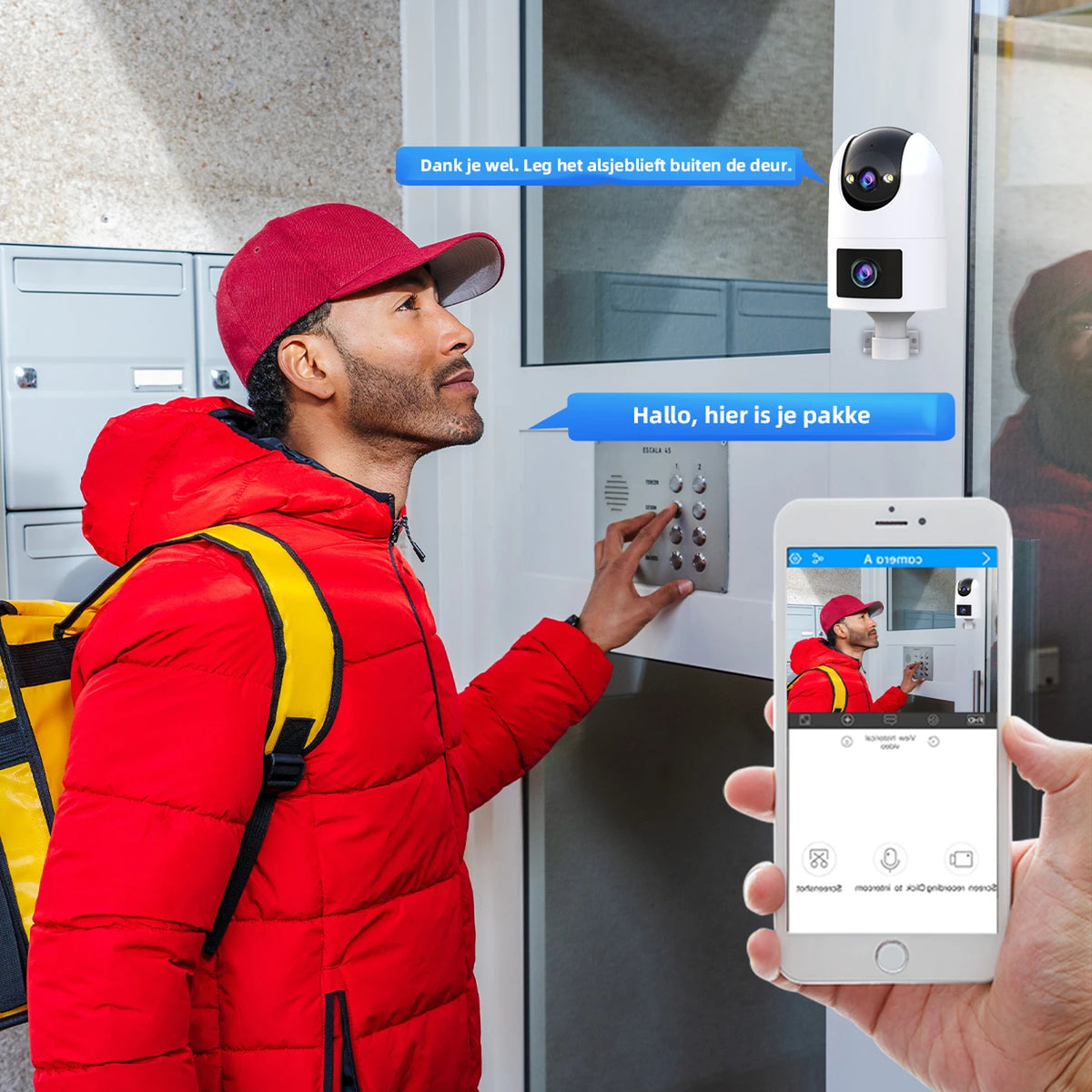 Caméra de sécurité Jooan à double objectif 2K - Wi-Fi avec application - Noire